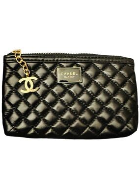 CHANEL Black Quilted Makeup Pouch with Gold CC Charm